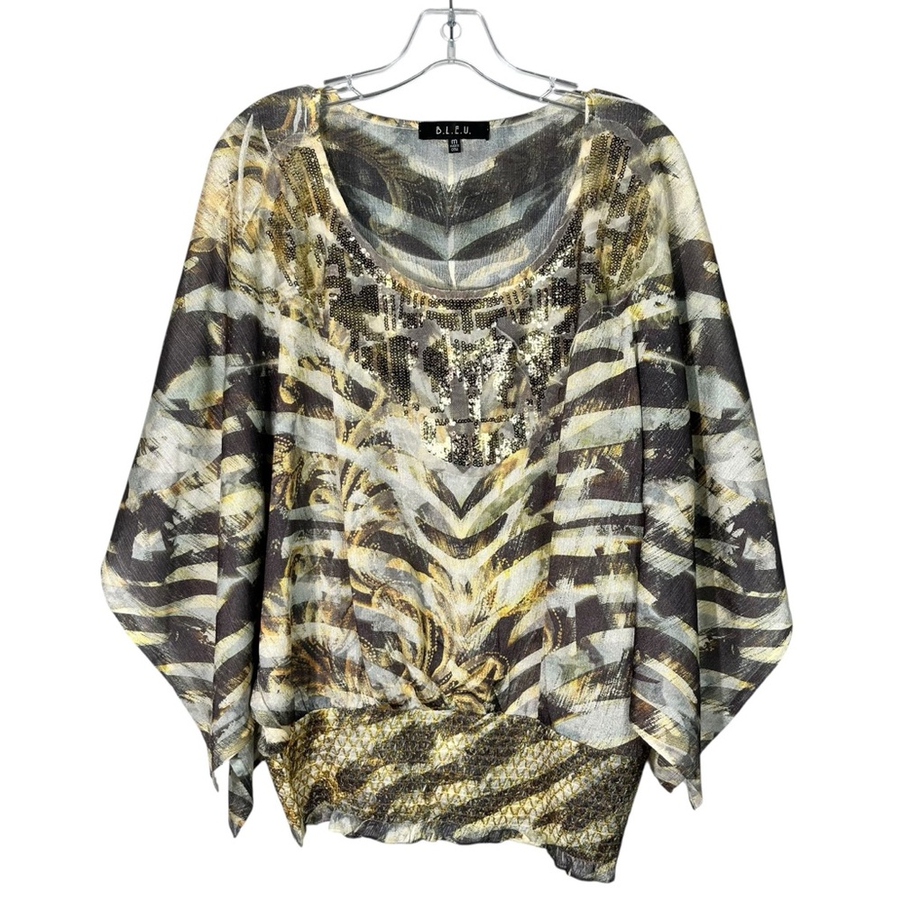 B.L.E.U. Chiffon Smocked Metallic Bling Dolman Sleeve Poncho Top Medium Y2K